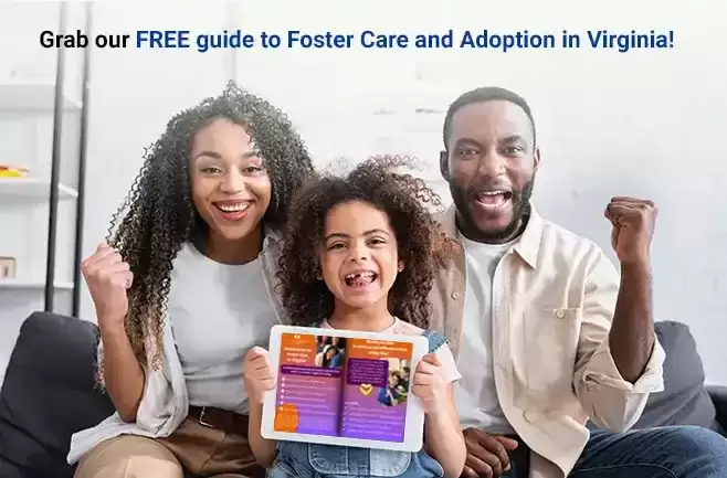 Happy foster family of three reading our guide