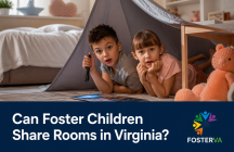 Two foster children sharing a bedroom while playing together indoors.