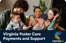 A family sitting together on a couch at home, with two adults smiling and interacting with two children, representing foster family support and care.