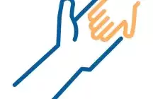 a graphic of a blue adult hand holding a yellow child's hand