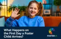 oung foster child smiling and waving while settling into a welcoming foster home.