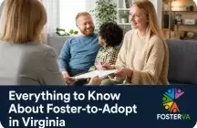 Foster parents discussing adoption with a social worker while a child sits between them on a couch during a home consultation.